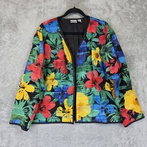 Chicos Jacket Womens Size 2 Large Multicolor Floral Silk Linen Blend Open Front